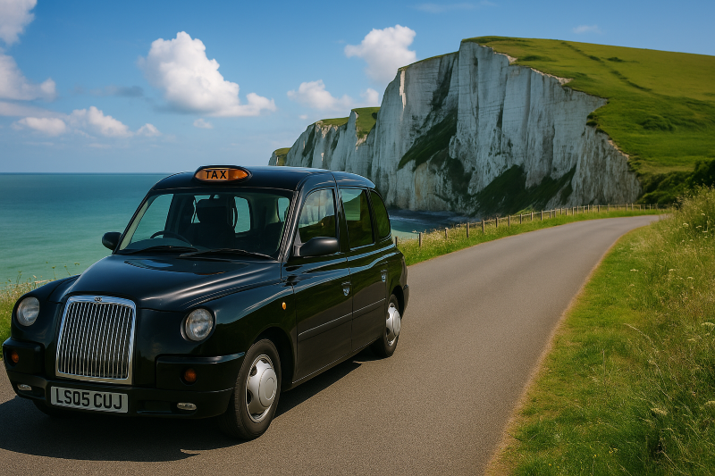 an ai generated taxi next to the white cliffs of dover