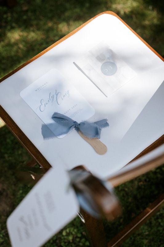 A chair with reserved signs on the outdoor ceremony set up in Godric's Garden at Solton Manor, near Canterbury, Kent, England, United Kingdom