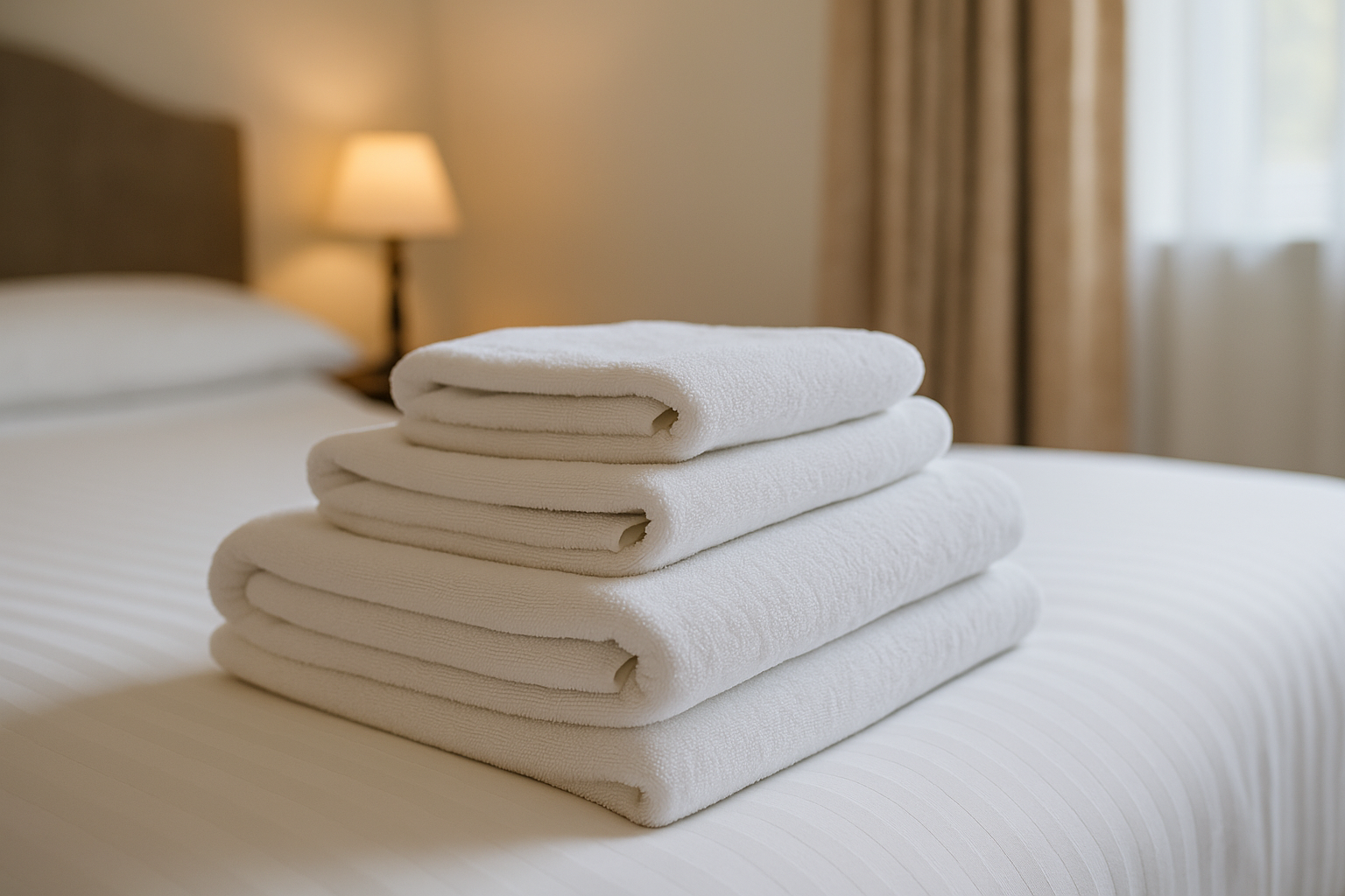 Freshly laundered towels folded on the bed in the Dovecote at Solton Manor, Kent, England