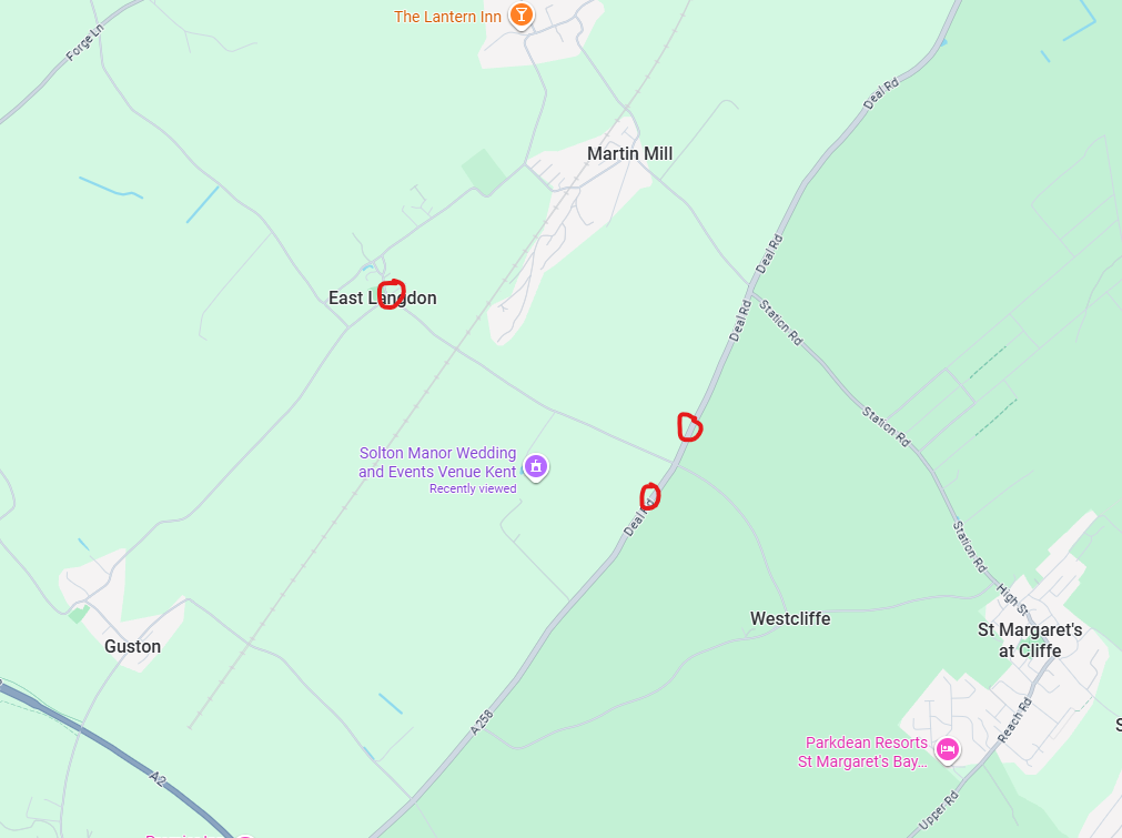 A screenshot of Google Map showing where we hope the brown signs will go at Solton Manor
